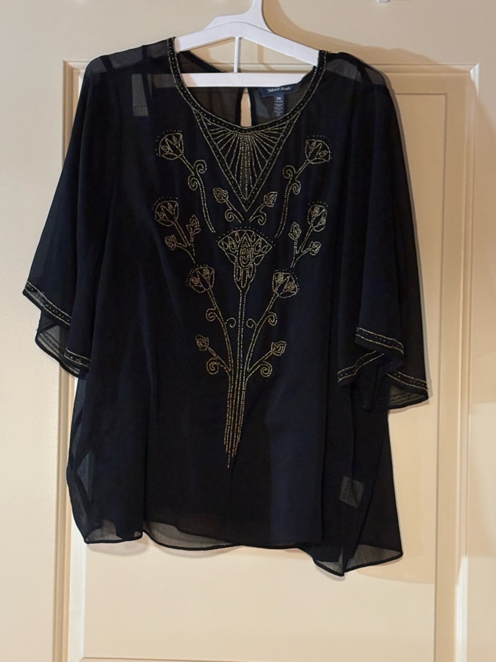 Black Beaded Floral Chiffon Top - ModCloth